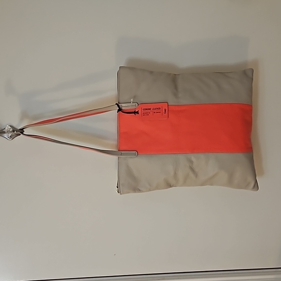 GAP Two-tone Neon Coral Colorblock Vertical Leather Bag - Picture 2 of 9